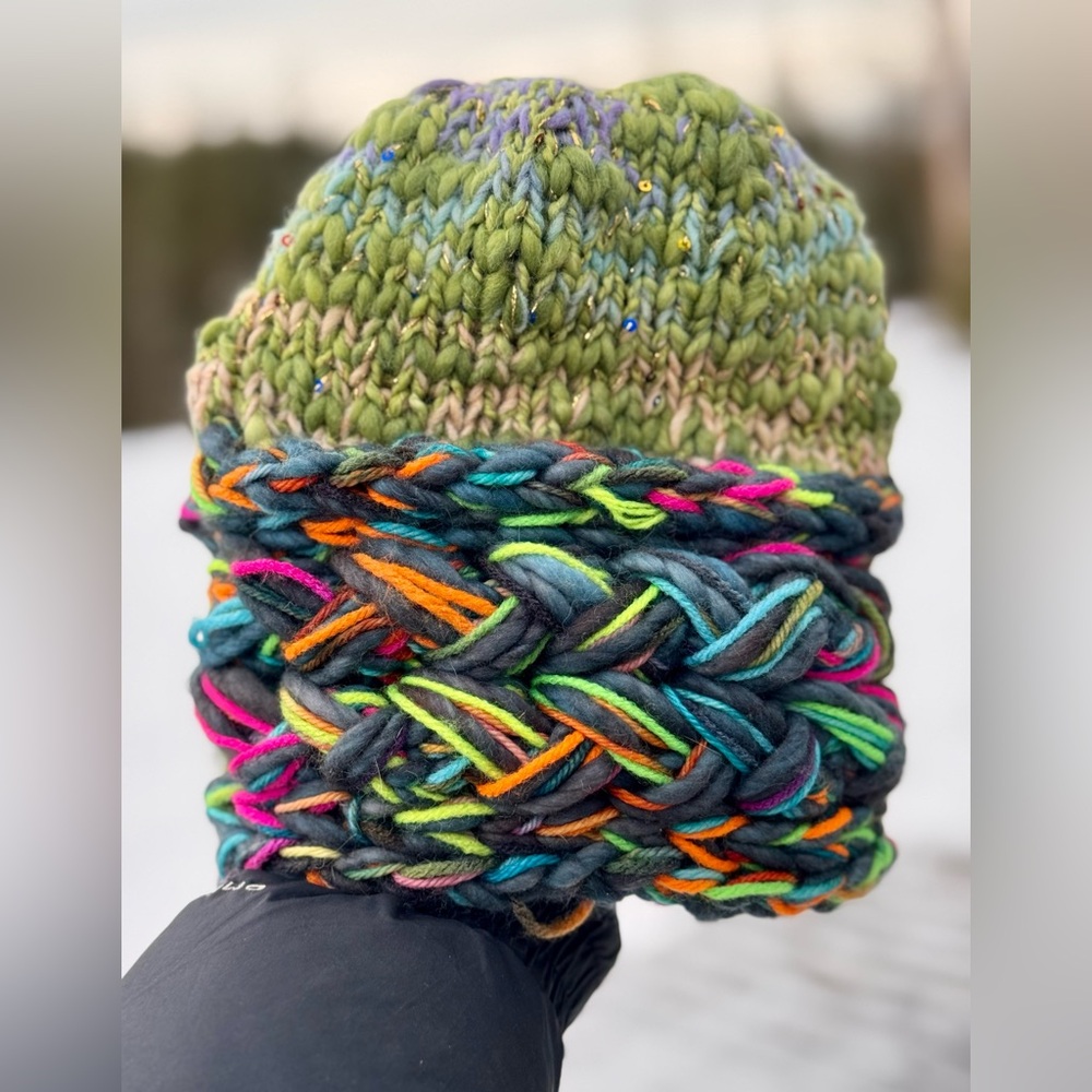 Hand-knit beanie: Malabrigo, Noro, sequins, UV-reactive neon. One-of-a-kind!